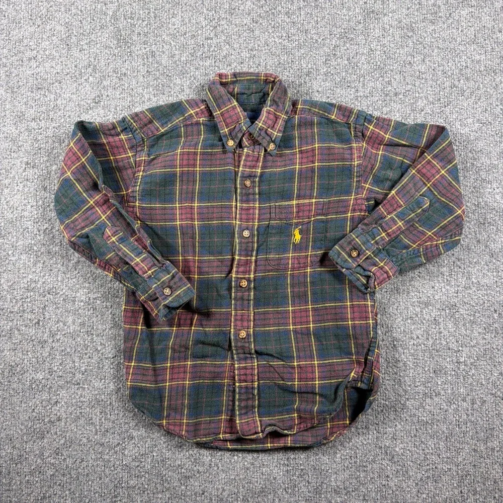 Polo Ralph Lauren Flannel Button Down Shirt Kids Size‎ 5 Green Burgundy Plaid